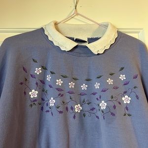 Large PFI crewneck. Light periwinkle color with floral print & lace collar